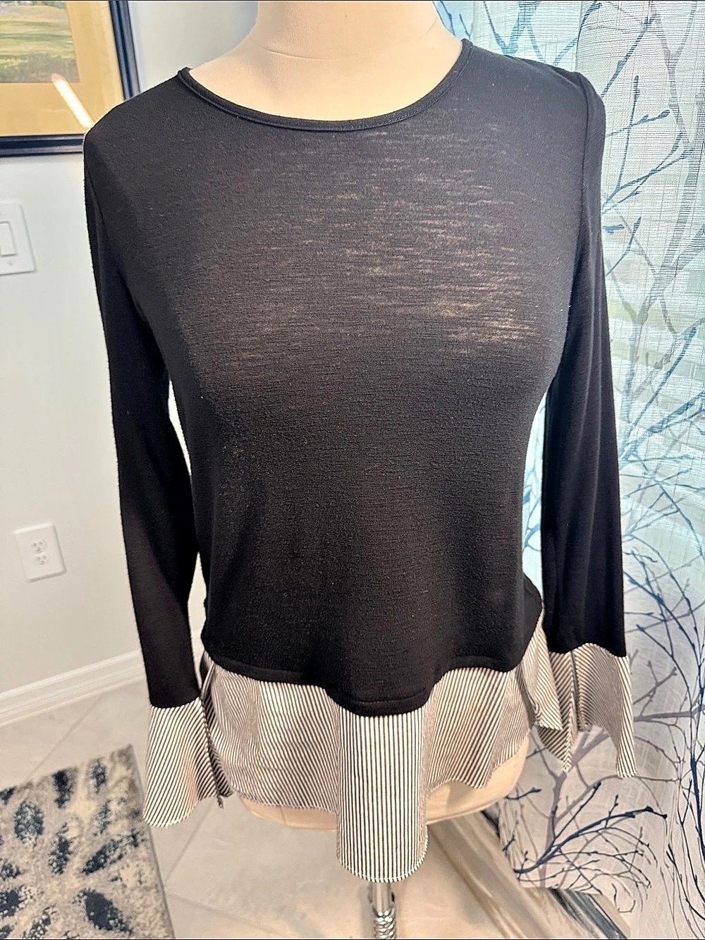 White House Black Market Striped Peplum Long Sleeve Top in Black & White